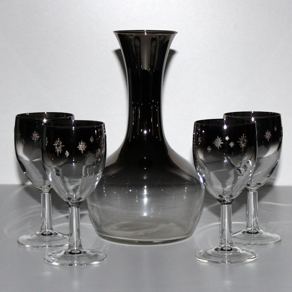 Vintage MCM Silver Ombré Decanter Set: Starburst Glasses